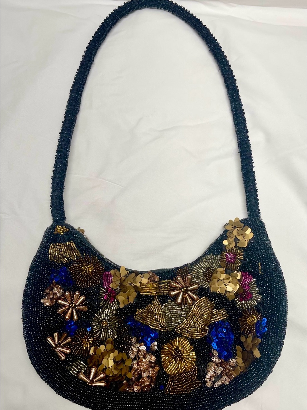 Floral Beaded Crescent Shoulder Bag Viral Black Sequin TikTok